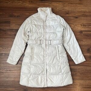 The North Face Cream White Belted Puffer Coat Mid Length Women Medium Gorpcore